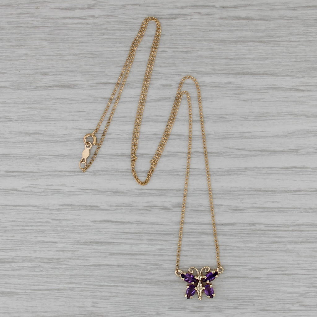 0.80ctw Amethyst Butterfly Pendant Necklace 14k Yellow Gold 18" Curb Chain