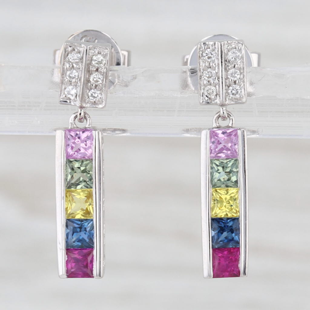 0.95ctw Multicolor Sapphire Diamond Dangle Earrings 18k White Gold Heart Accents