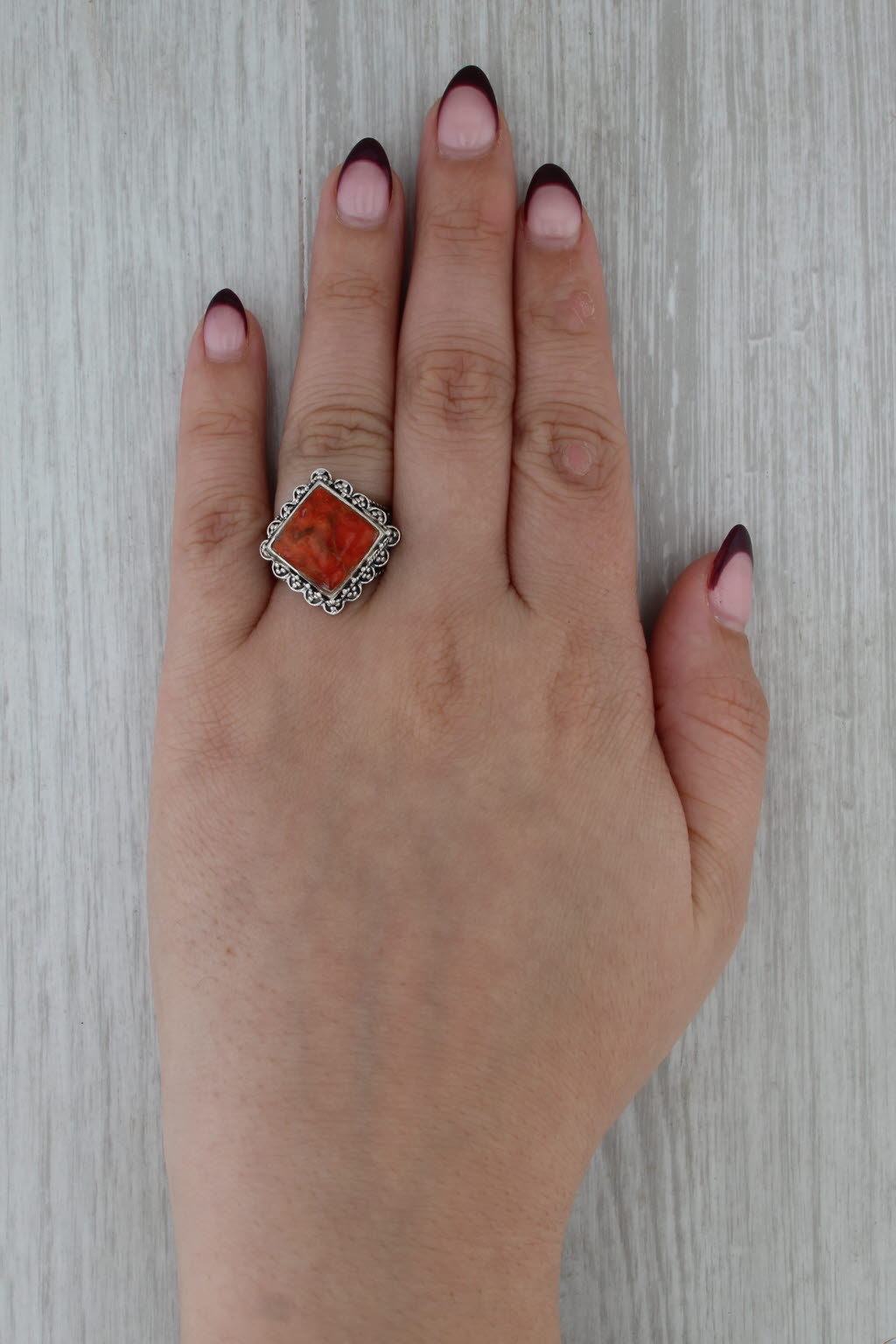 Orange Spiney Oyster Coral Resin Ornate Ring Sterling Silver Size 6.75