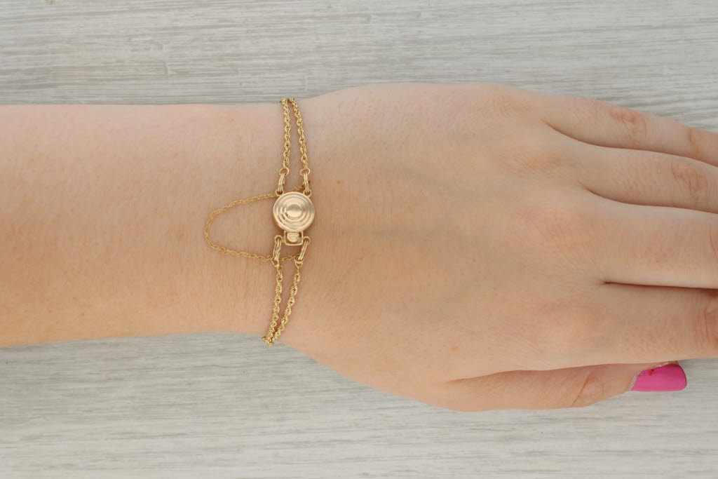 Tan 7" Slide Charm Bracelet 14k Yellow Gold Double Rope Chain Vintage