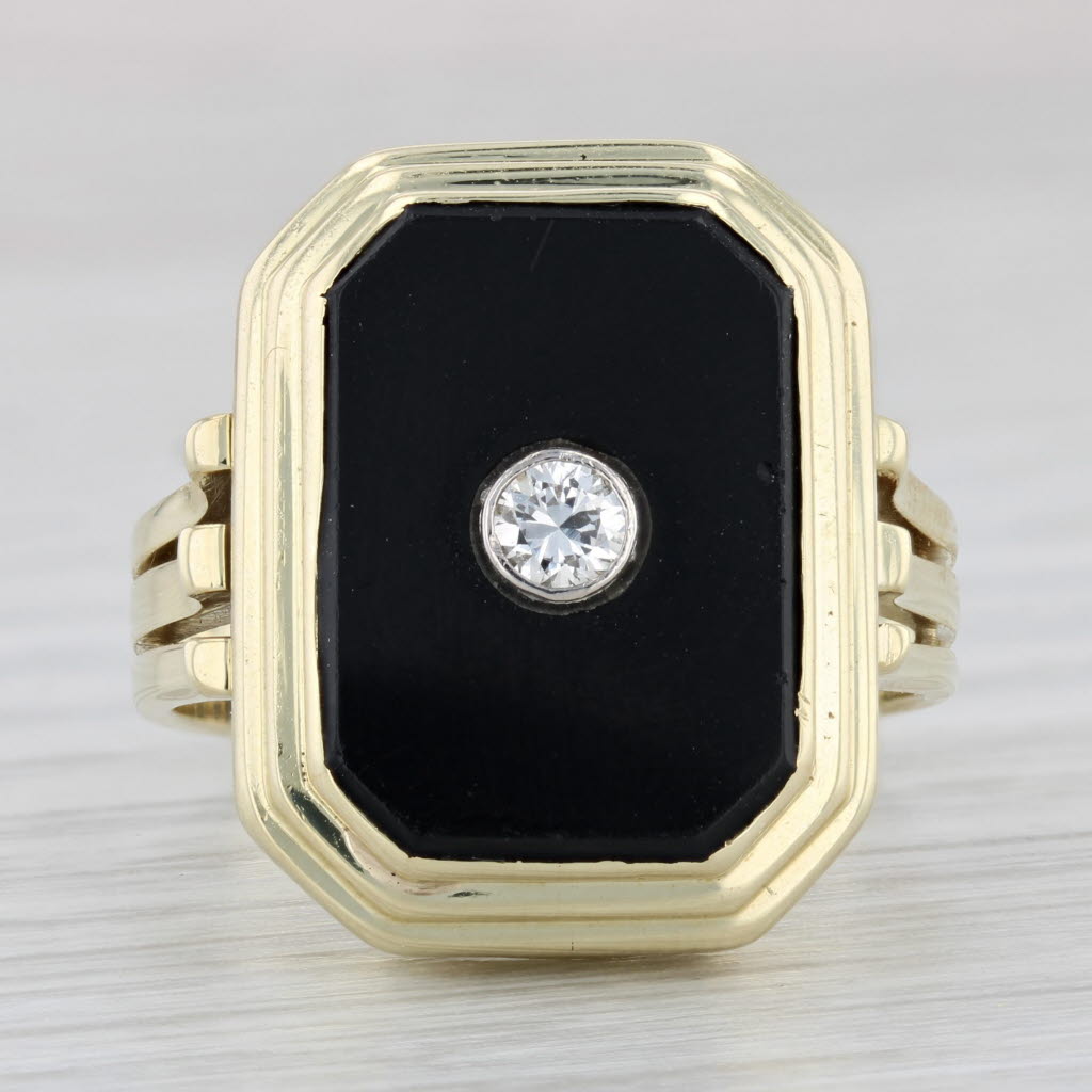Light Gray Onyx Diamond Signet Ring 14k Yellow Gold Vintage Size 11.75
