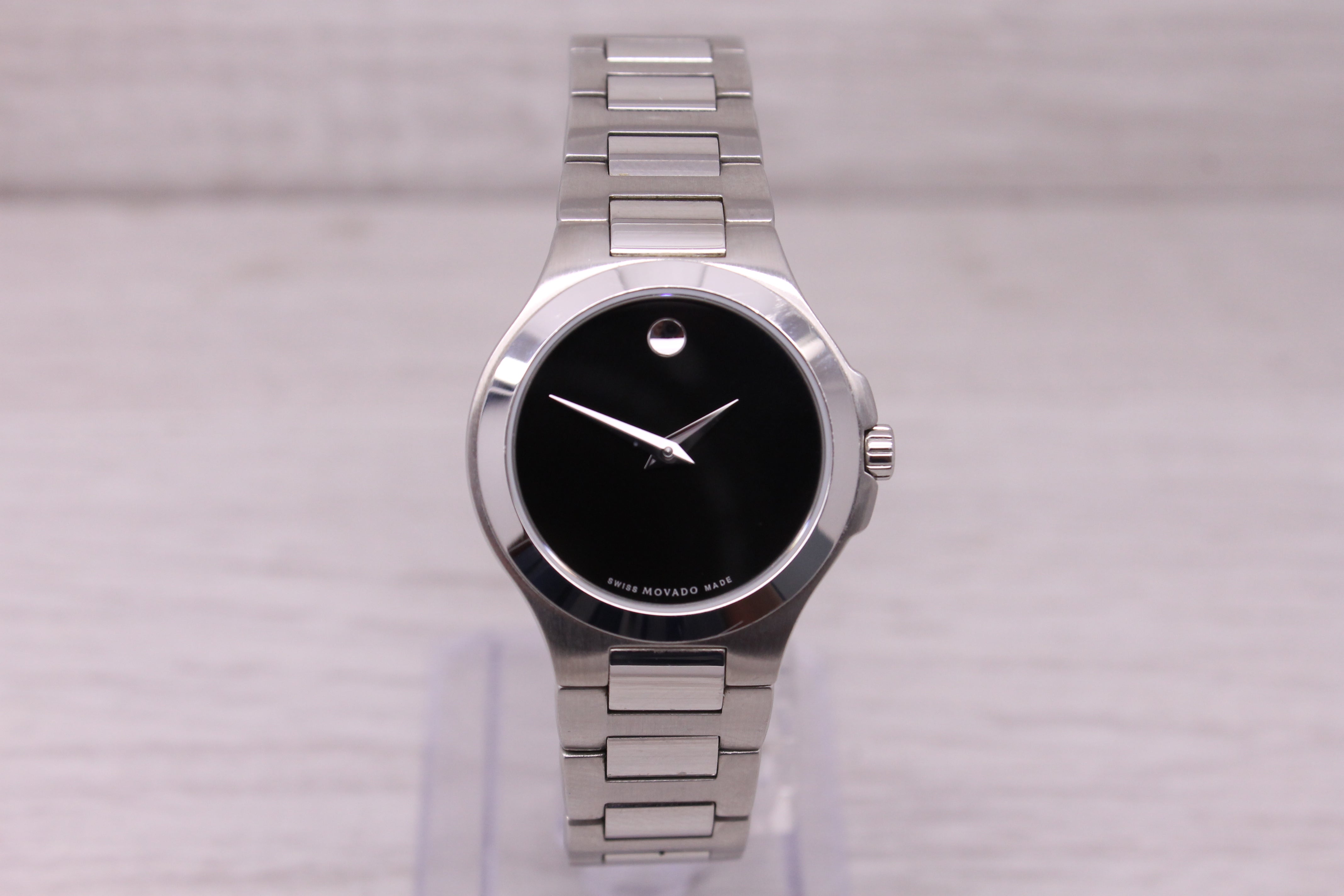 Gray Movado Museum 28mm Stainless Steel Ladies Quartz Bracelet Watch 01.3.14.1033