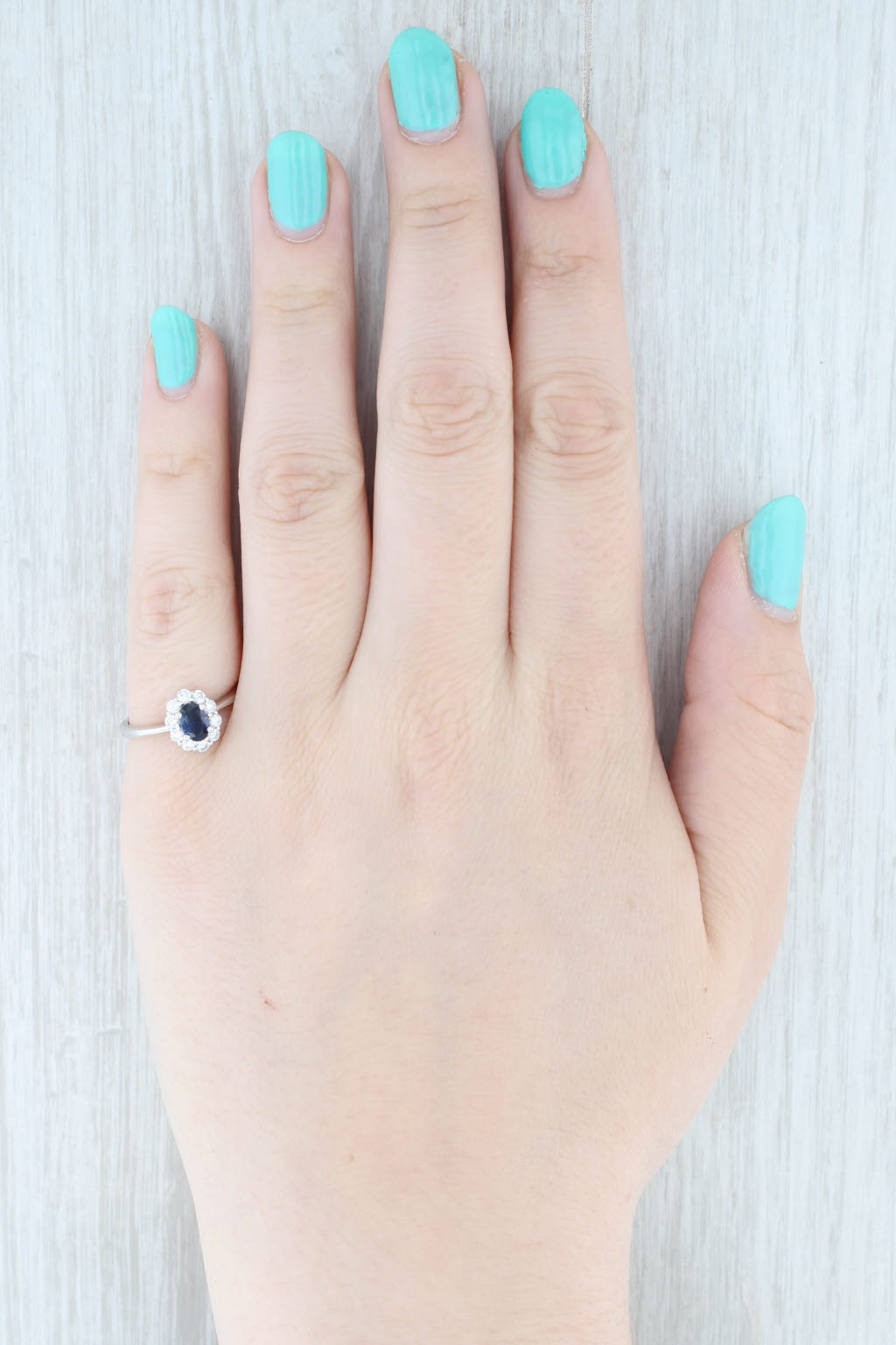 Light Gray 0.70ctw Oval Blue Sapphire Diamond Halo Ring 14k White Gold Size 6.5 Engagement