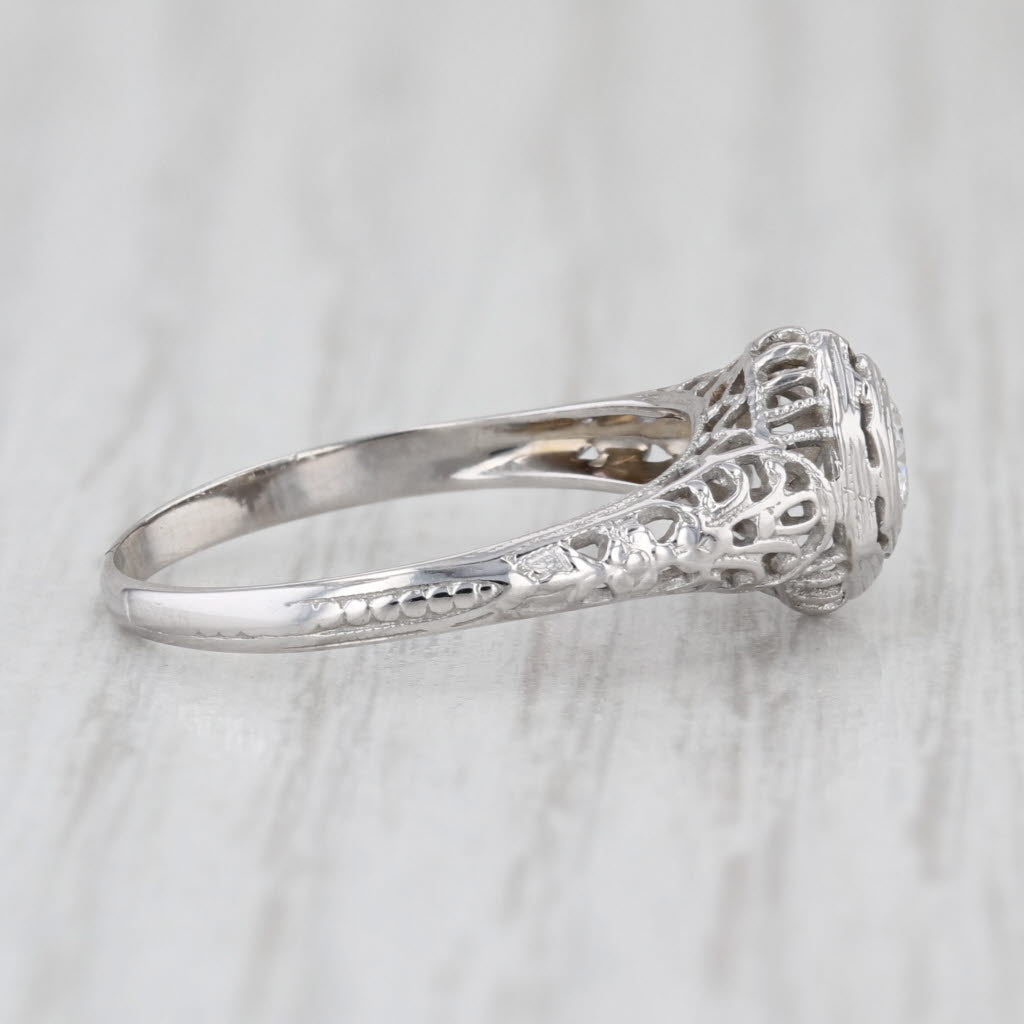 Art Deco 0.20ct Diamond Solitaire Engagement Ring 18k White Gold Filigree Sz 6.5