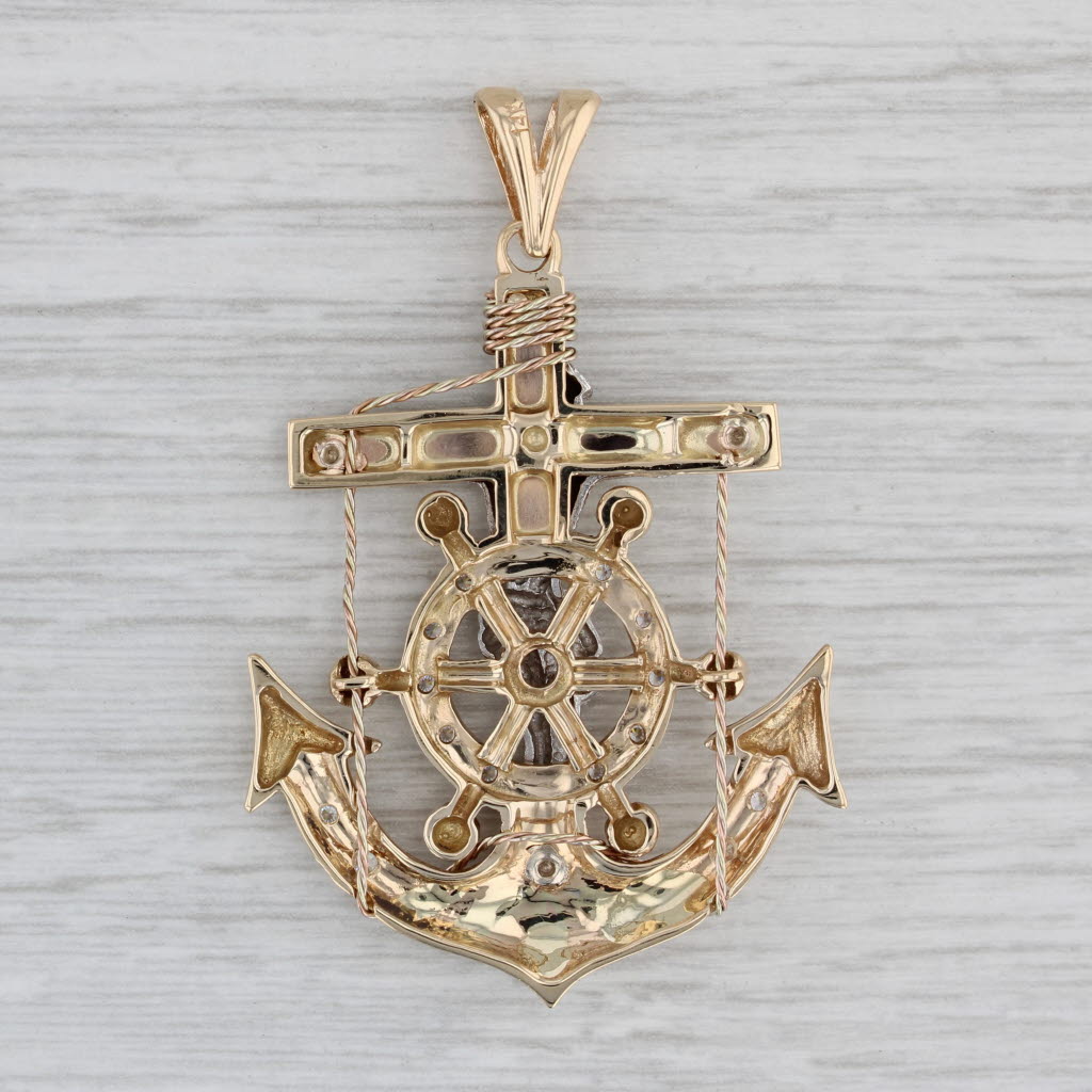 Gray Cubic Zirconia Crucifix Anchor Mariners Cross Pendant 14k Gold tri-toned