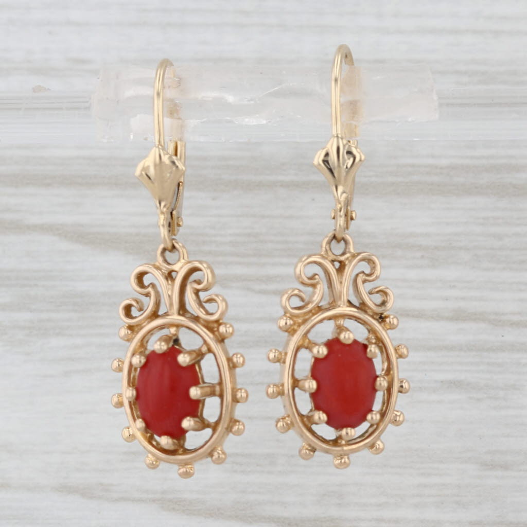 Vintage Coral Cabochon Dangle Earrings 14k Yellow Gold Leverbacks