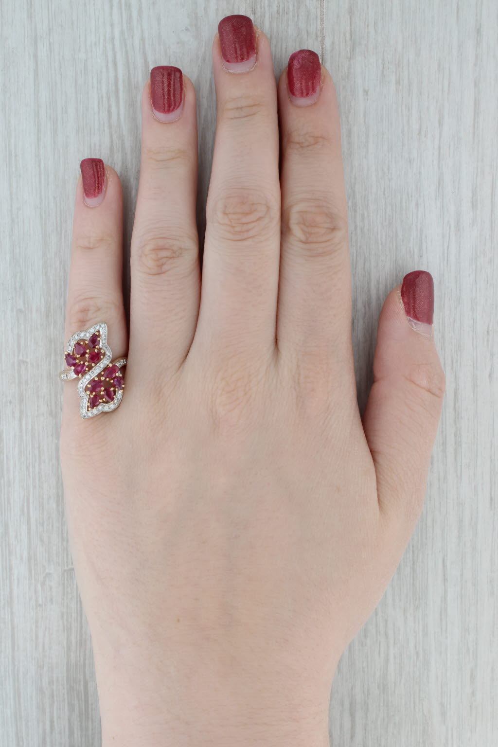 Gray 2.40ctw Ruby Cluster Diamond Bypass Ring 14k Yellow Gold Size 7.25 Cocktail