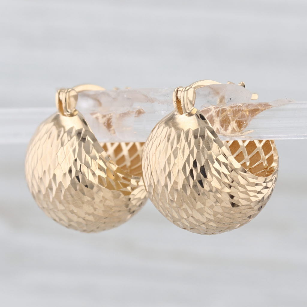 Etched Pattern Hoop Huggie Earrings 18k Yellow Gold Snap Top Posts