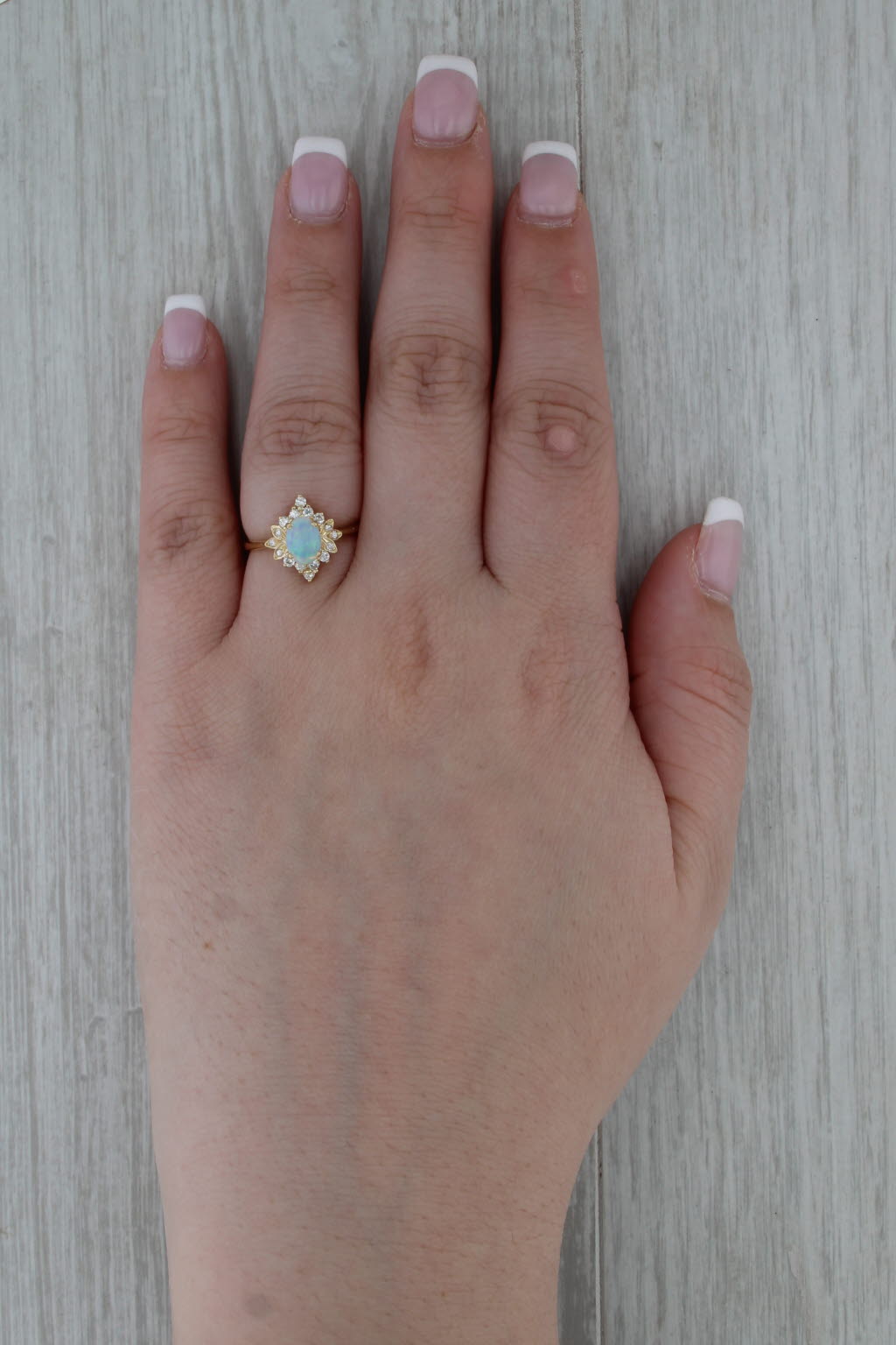 Opal Cabochon Diamond Halo Ring 18k Yellow Gold Size 6.25