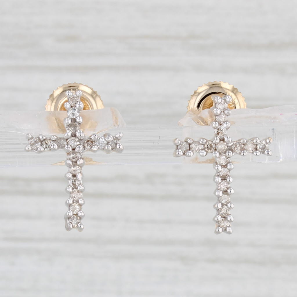 Light Gray 0.16ctw Diamond Cross Stud Earrings 10k 14k Yellow Gold Screw Back Pierced
