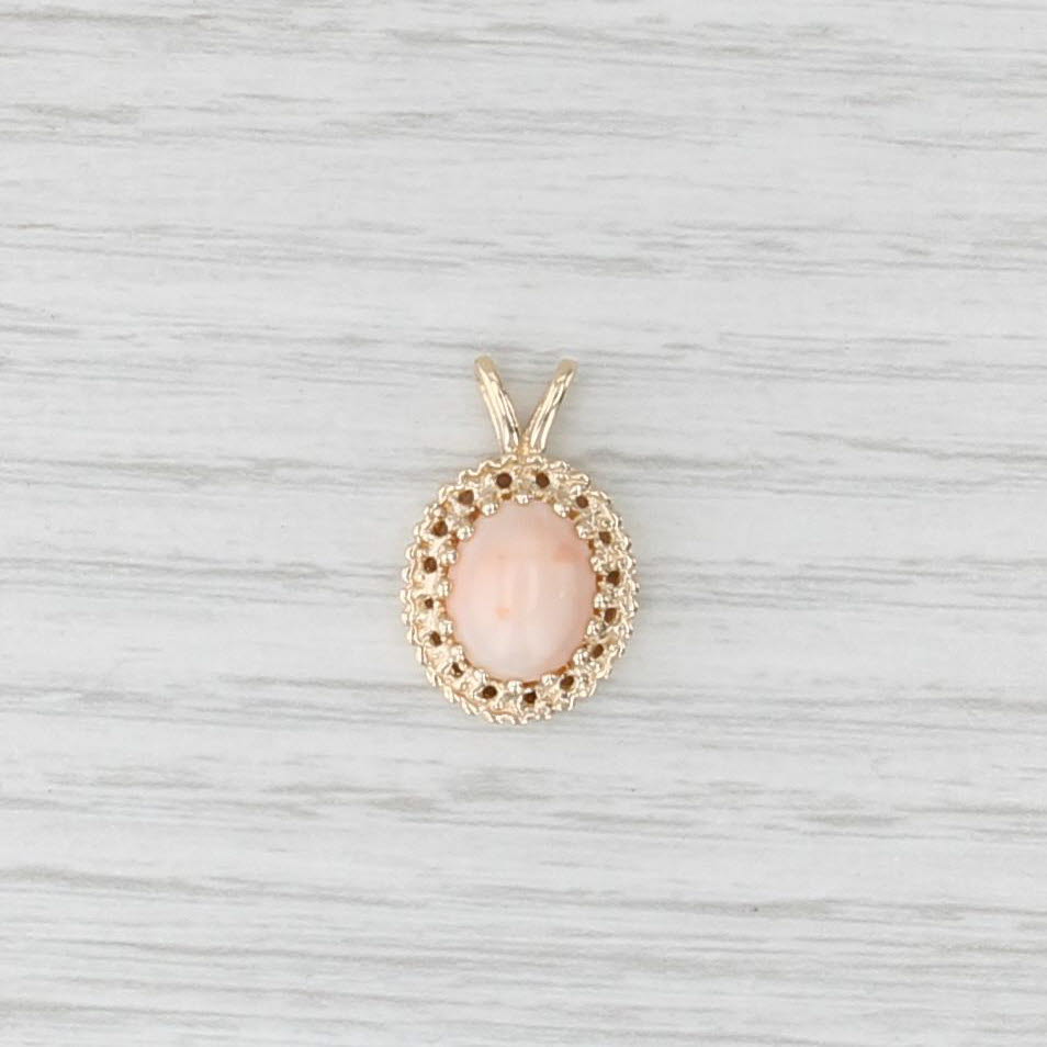 Vintage Pink Coral Pendant 14k Yellow Gold Oval Cabochon Solitaire Drop