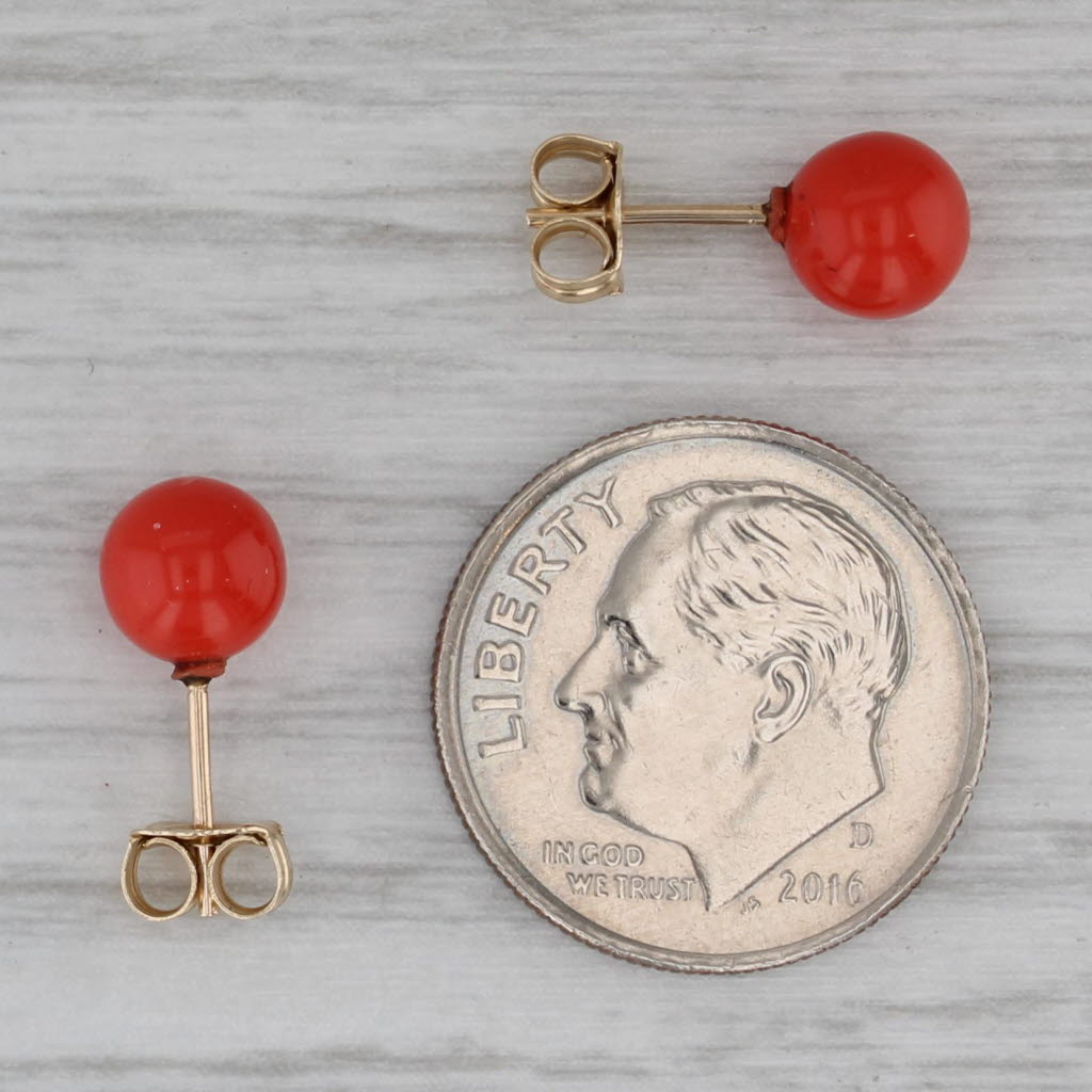 Gray 6mm Red Resin Bead Stud Earrings 14k Yellow Gold