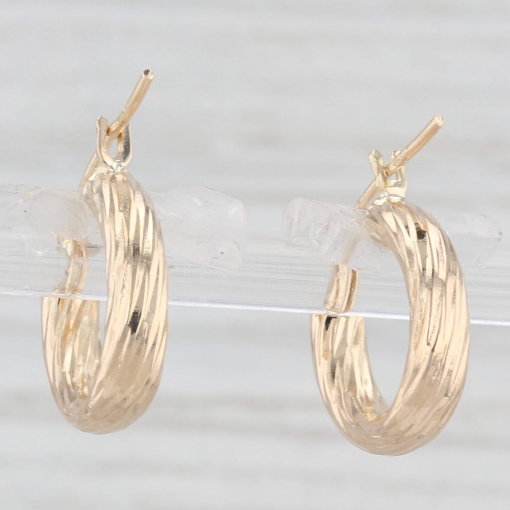 Light Gray Small Twist Hoop Earrings 14k Yellow Gold Snap Top Round Hoops