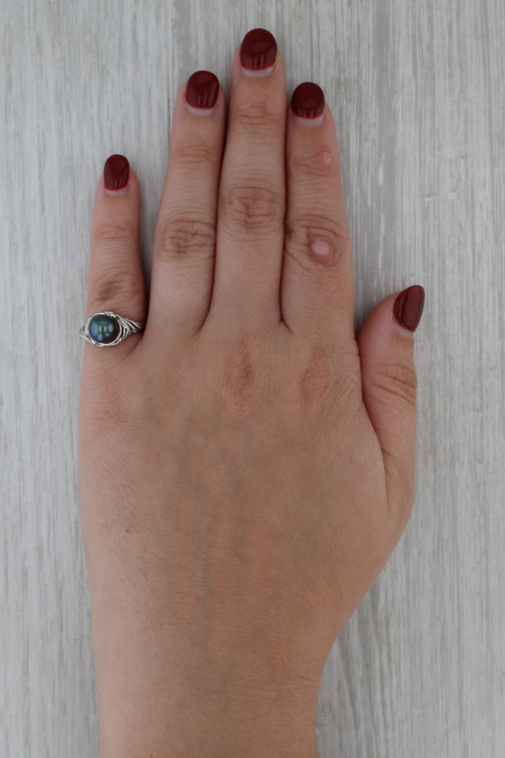 Cultured Black Pearl Solitaire Ring Silver Size 5 Openwork Band