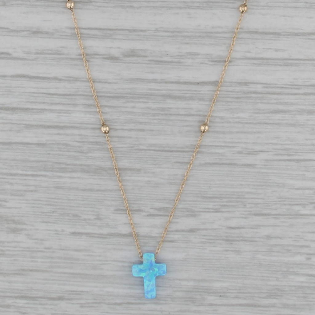 Carved Lab Created Opal Cross Pendant Necklace 14k Gold Bead Stations 16.25"