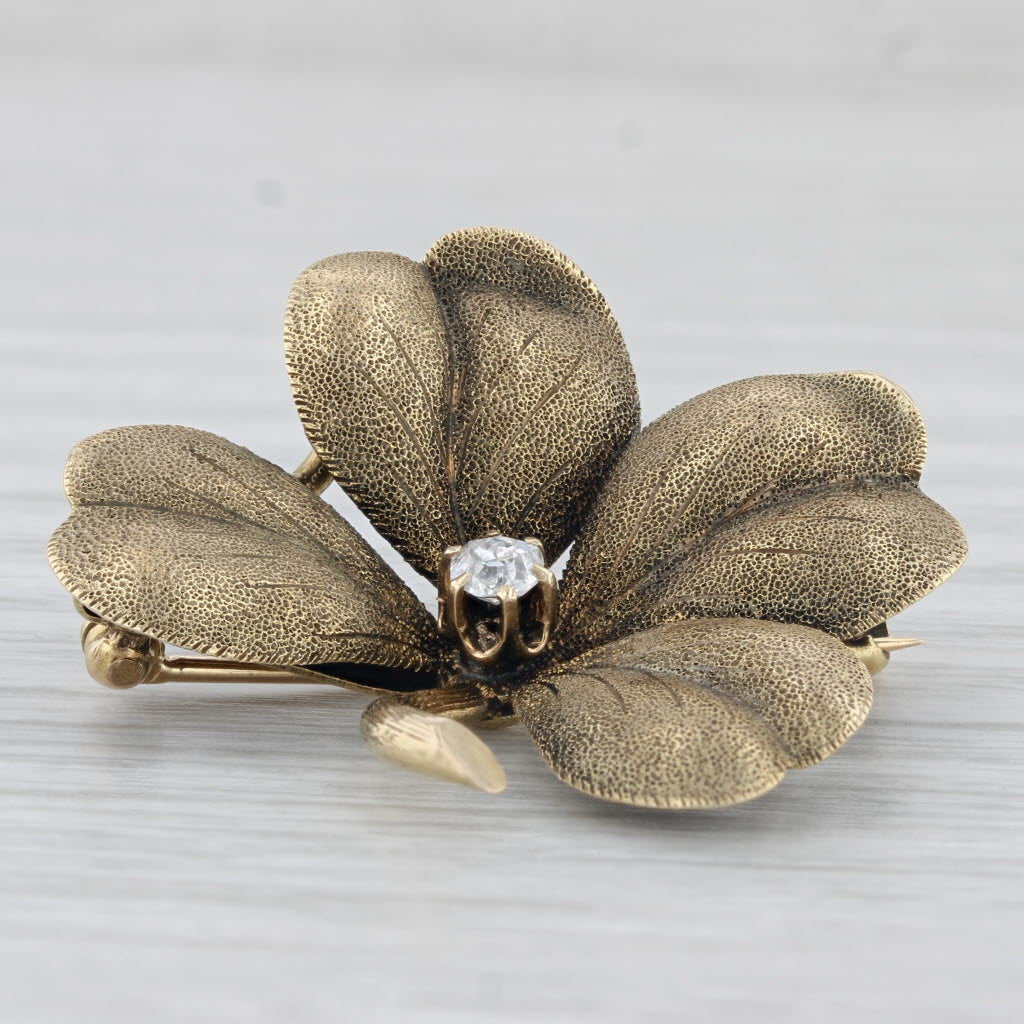 Light Gray Vintage 0.11ct Diamond Solitaire Shamrock Brooch 14k Gold Four Leaf Clover