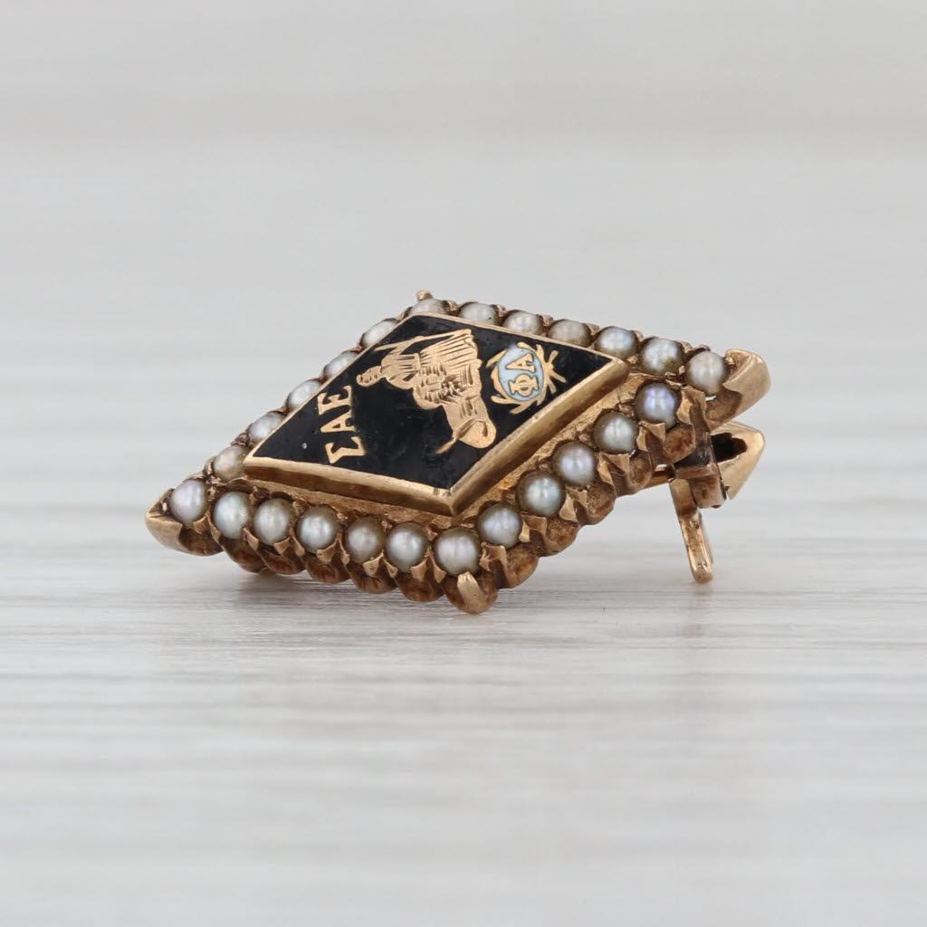 Vintage SAE Badge 14k Gold Pearl Black Enamel Sigma Alpha Epsilon Fraternity Pin