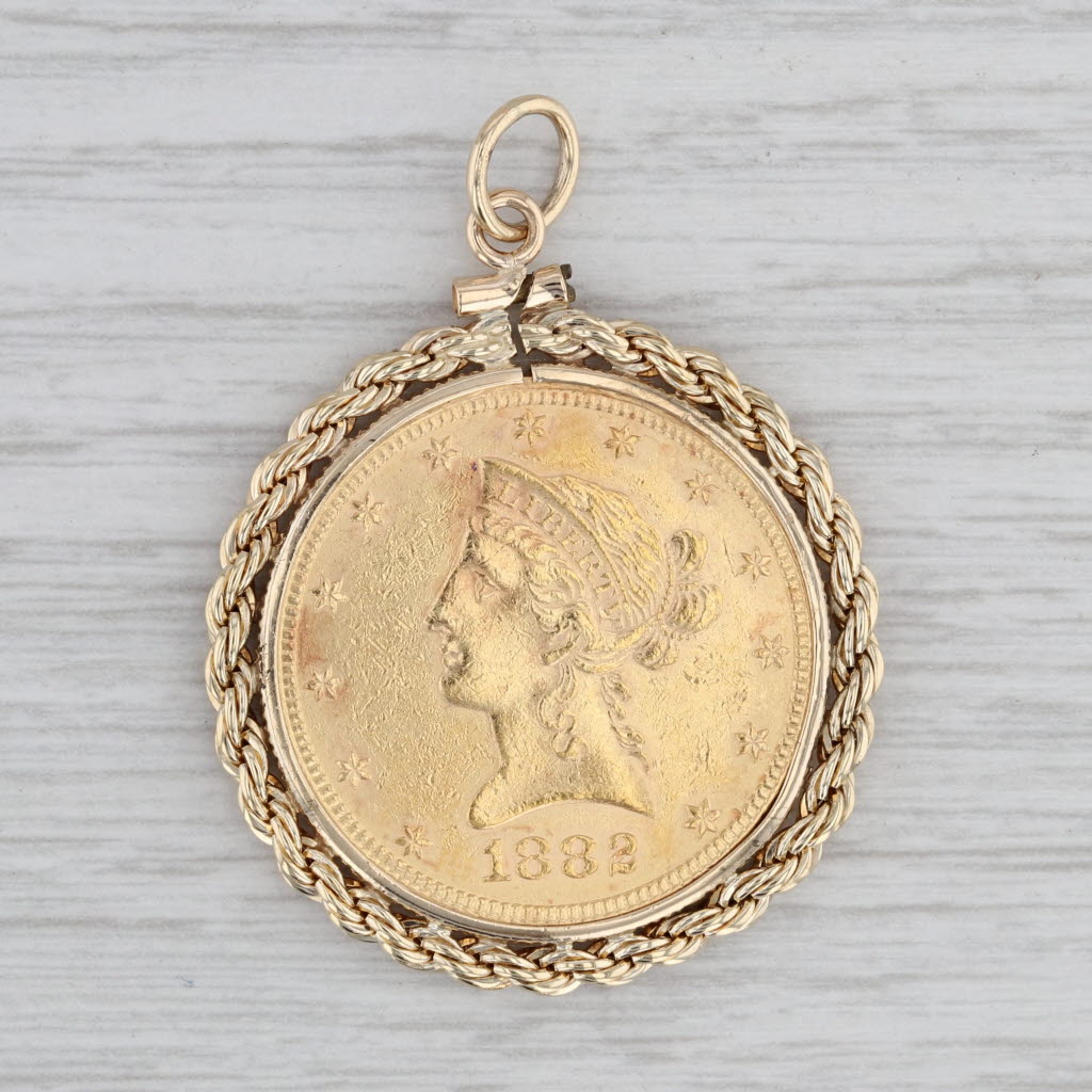 Gray Authentic 1882 Liberty Coin Pendant 22k Coin 14k Bezel 10 Dollar Medallion Charm