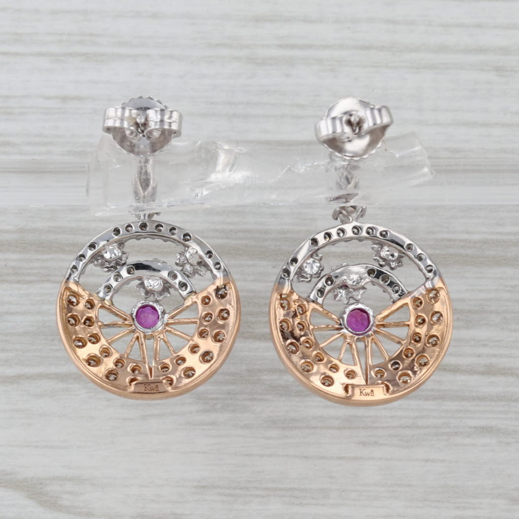 1.09ctw Diamond Ruby Circle Drop Earrings 18k Rose White Gold
