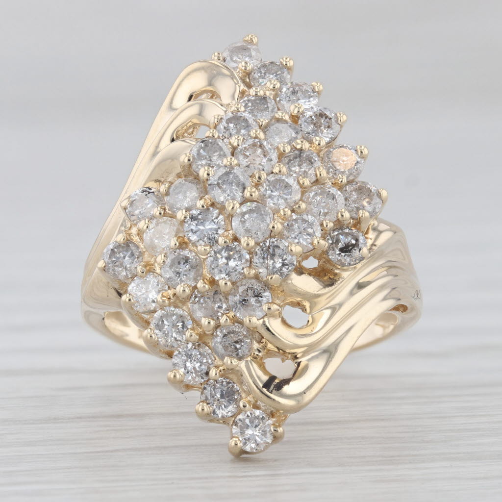 Light Gray 1.70ctw Diamond Cluster Bypass Ring 10k Yellow Gold Cocktail Size 7.5