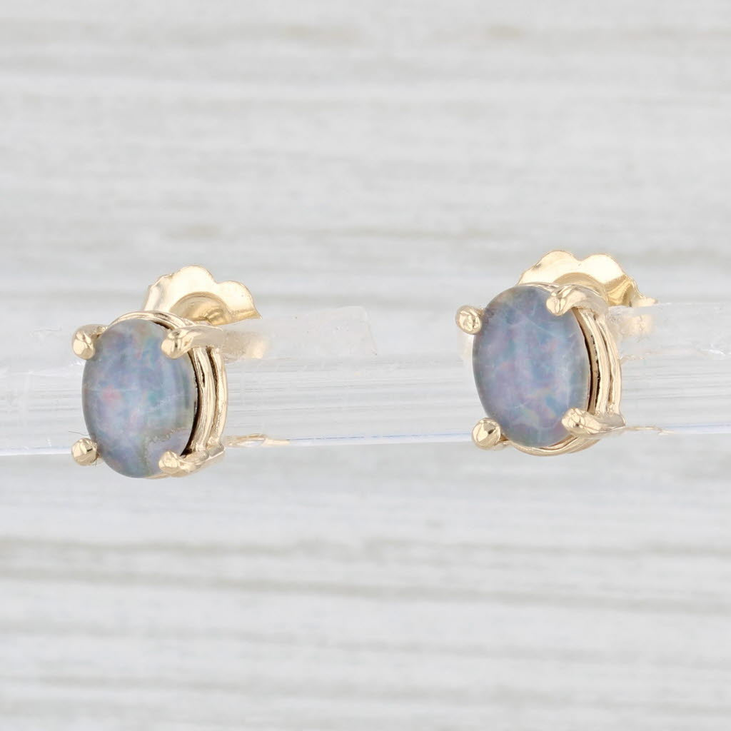 Light Gray Opal Solitaire Stud Earrings 14k Yellow Gold Oval Cabochon