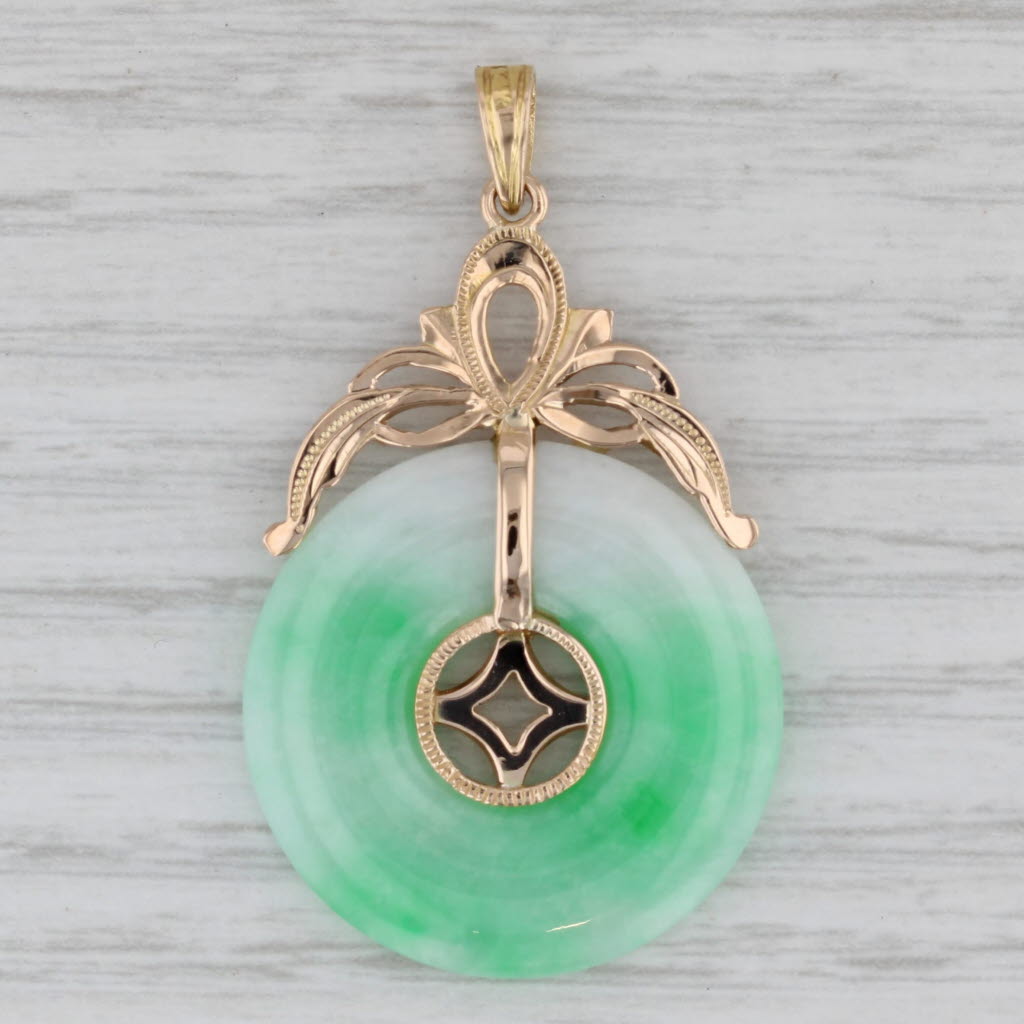 Gray Green Jadeite Jade Torus Pendant Necklace 14k Yellow Gold