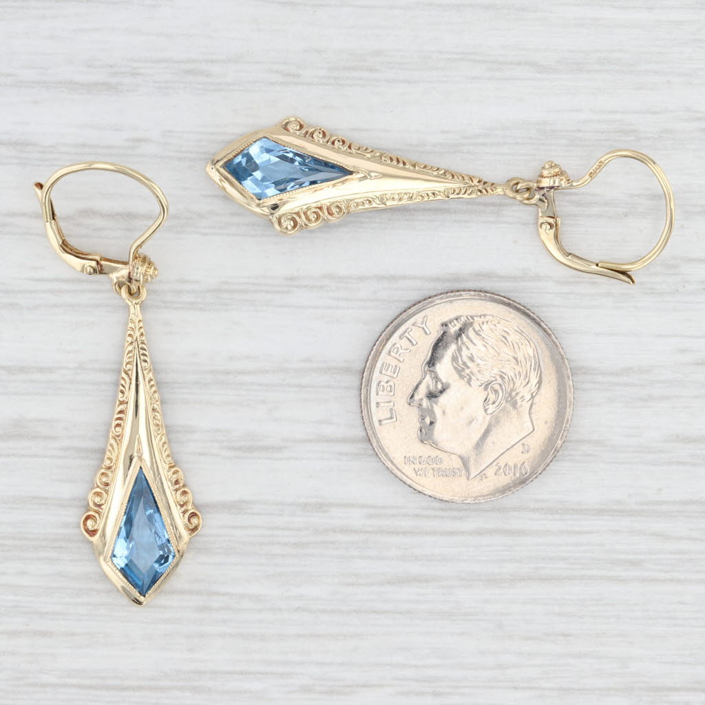 Light Gray Vintage Lab Created Blue Spinel Dangle Earrings 14k Yellow Gold Leverbacks
