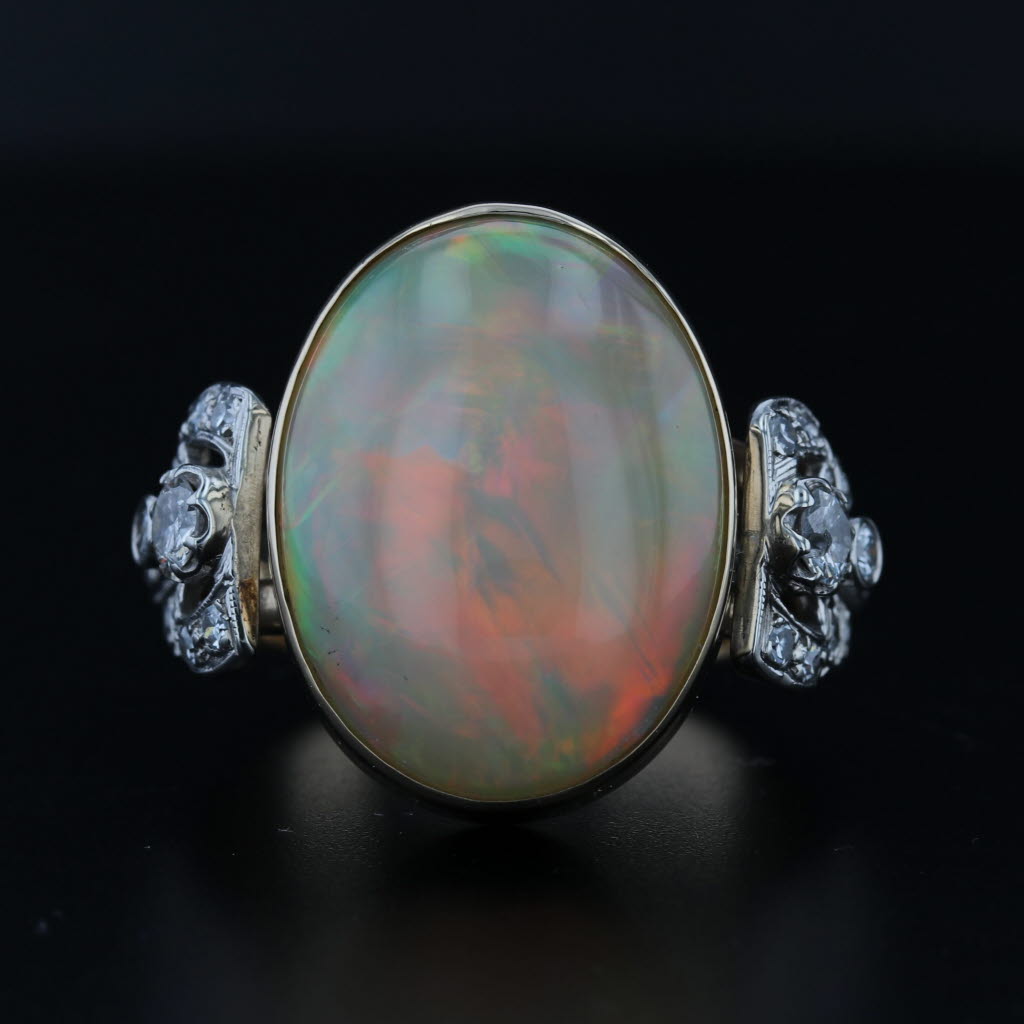 Vintage Opal Cabochon Diamond Ring 14k Yellow Gold Size 8.5 Cocktail