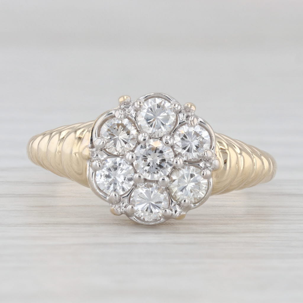 Light Gray 0.95ctw Diamond Cluster Ring 14k Yellow Gold Vintage Engagement Size 9.75