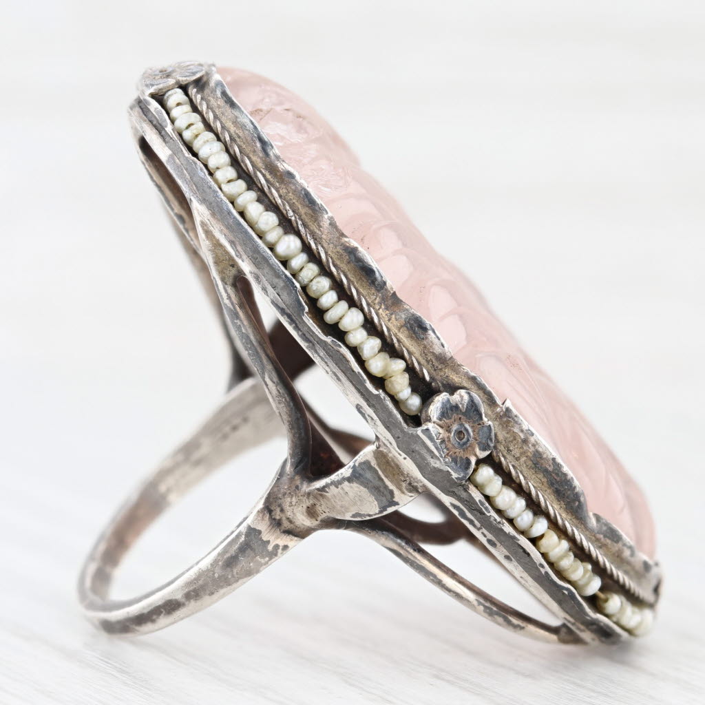 Lavender Vintage Floral Carved Rose Quartz Pearl Ring Sterling Silver Statement AS IS