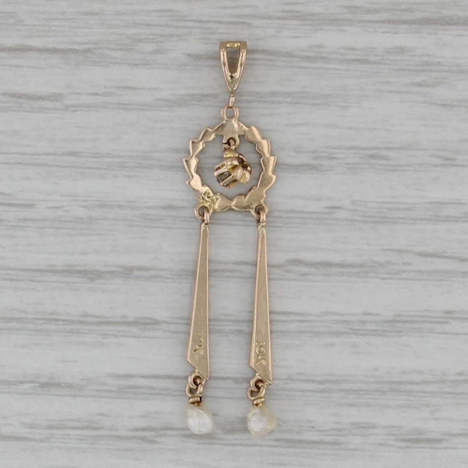 Antique Diamond Pearl Wreath Pendant 10k Yellow Green Gold Lavalier