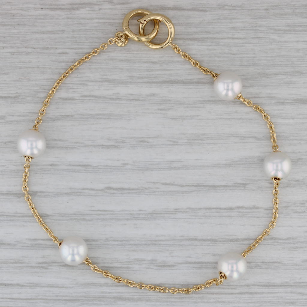 Gray Mikimoto Cultured Pearl Station Bracelet w/ Pouch 18k Yellow Gold 8" Cable Chain