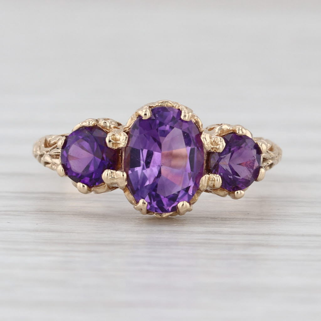 1.70ctw 3-Stone Amethyst Ring 14k Yellow Gold Vintage Ornate Detailing Size 6