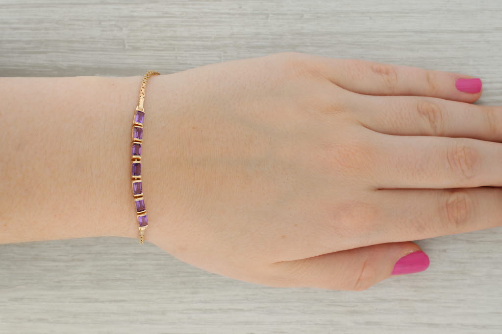 Tan 1.90ctw Amethyst Bracelet 14k Yellow Gold 7" Box Chain Safety Chain