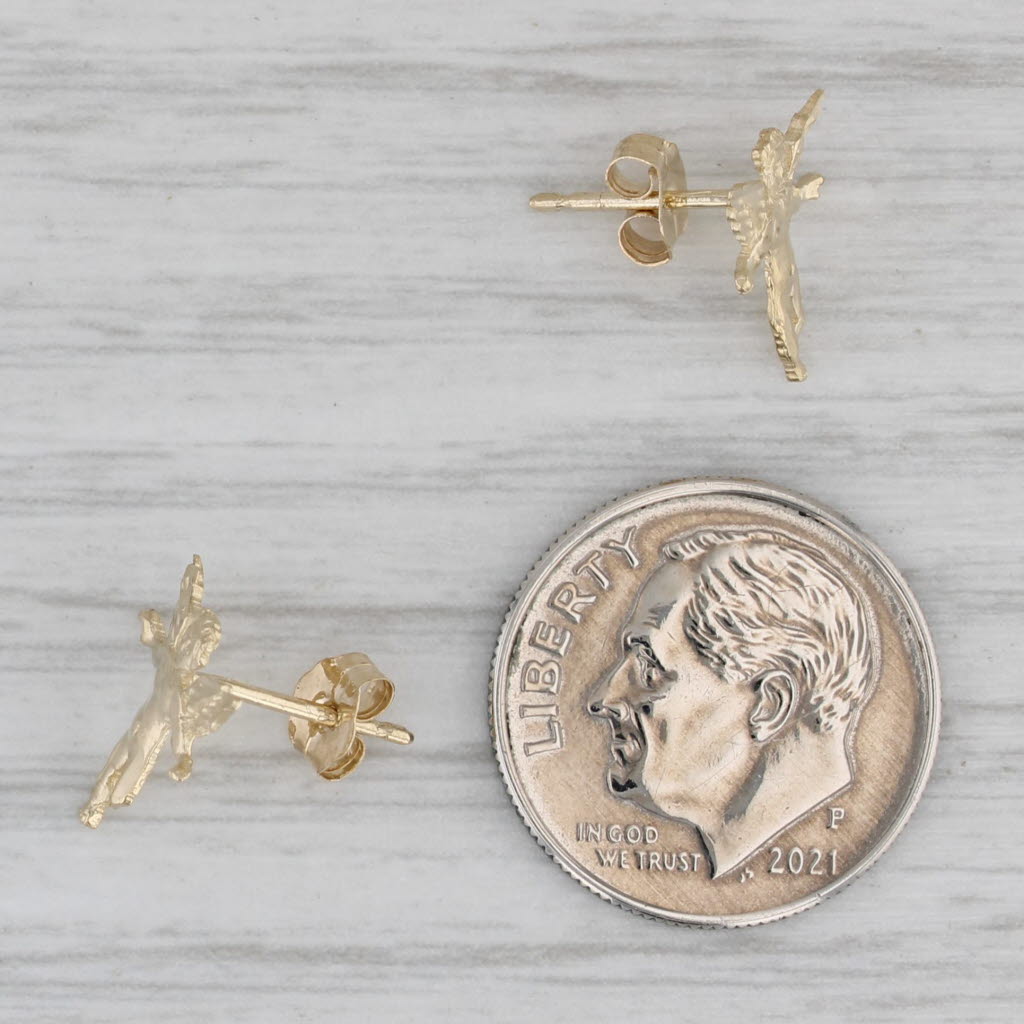 Gray Cherub Guardian Angel Stud Earrings 14k Yellow Gold