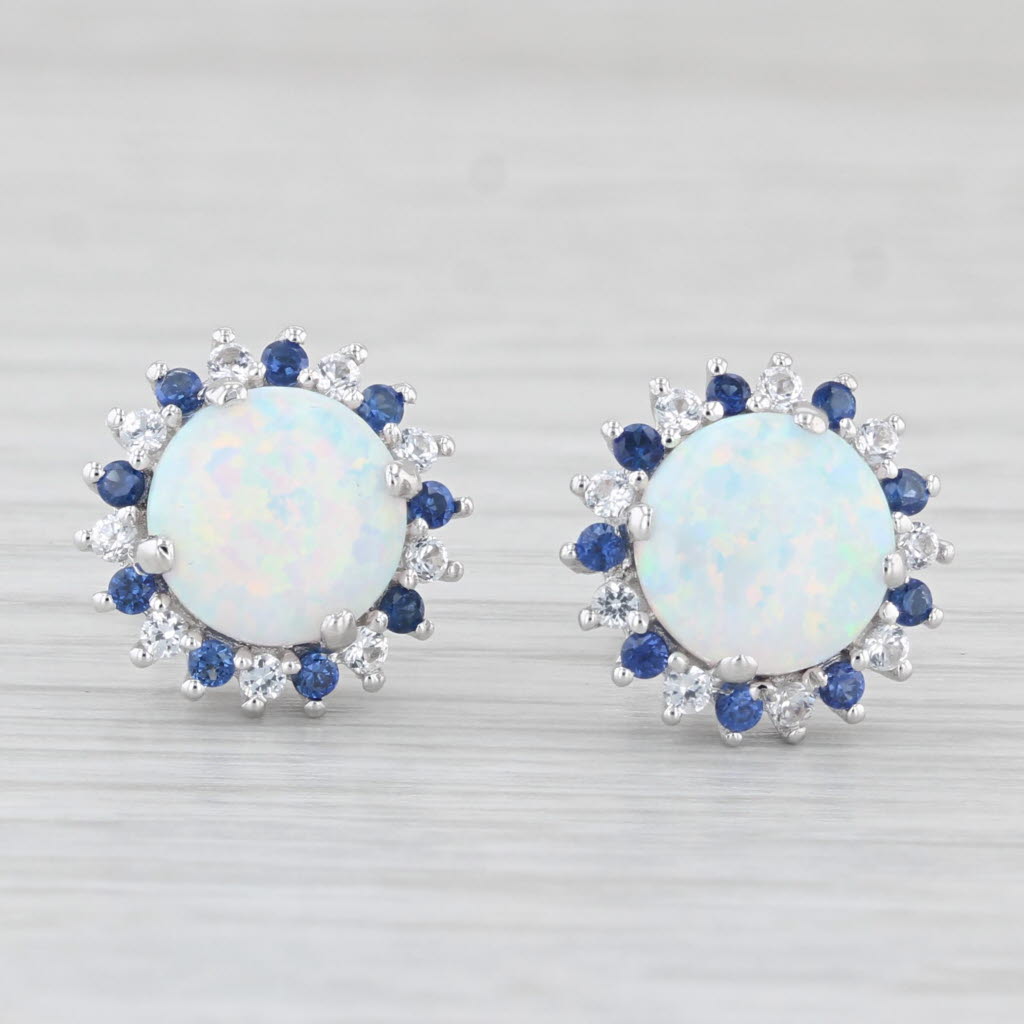 Light Gray Lab Created Opal Lab Created Sapphire Halo Earrings Sterling Silver Studs