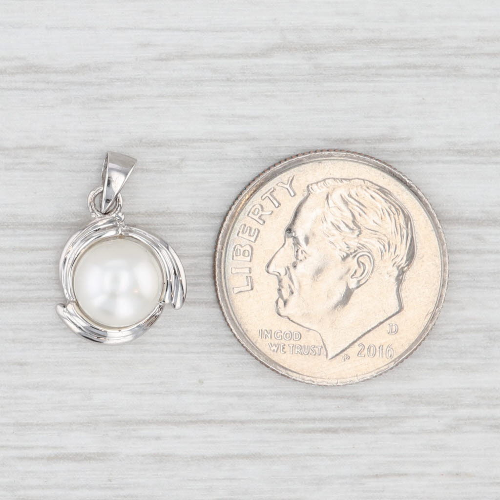 Light Gray 6.6 mm Cultured Pearl Solitaire Bead Pendant 14k White Gold Small Drop