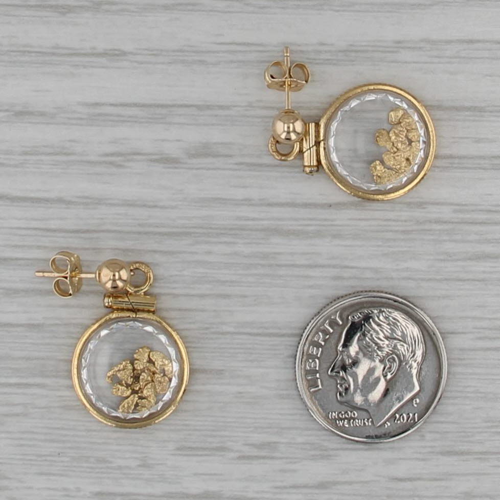 Gold Nuggets in Glass Dangle Earrings 14k 20k Yellow Gold Pierced Drops