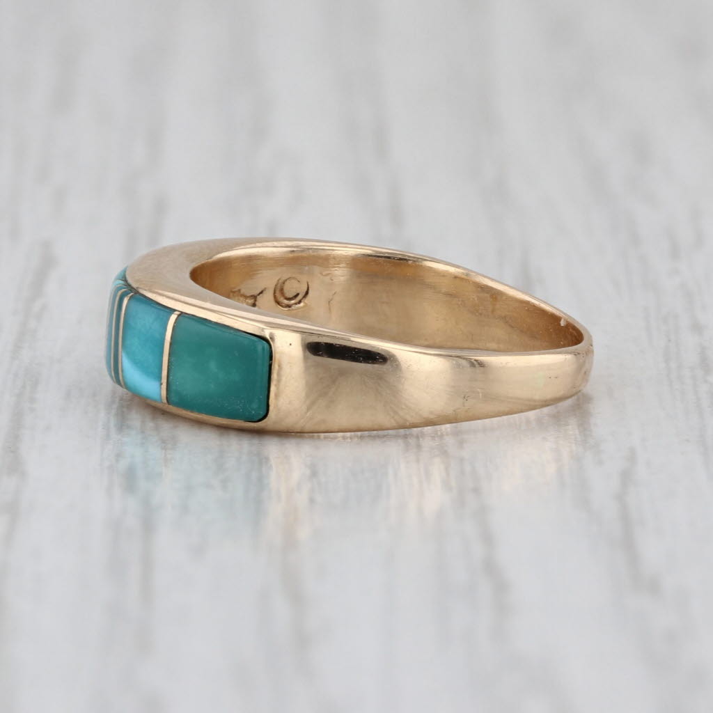 Calvin Begay Turquoise Mosaic Ring 14k Yellow Gold Size 6.5 Stackable Band