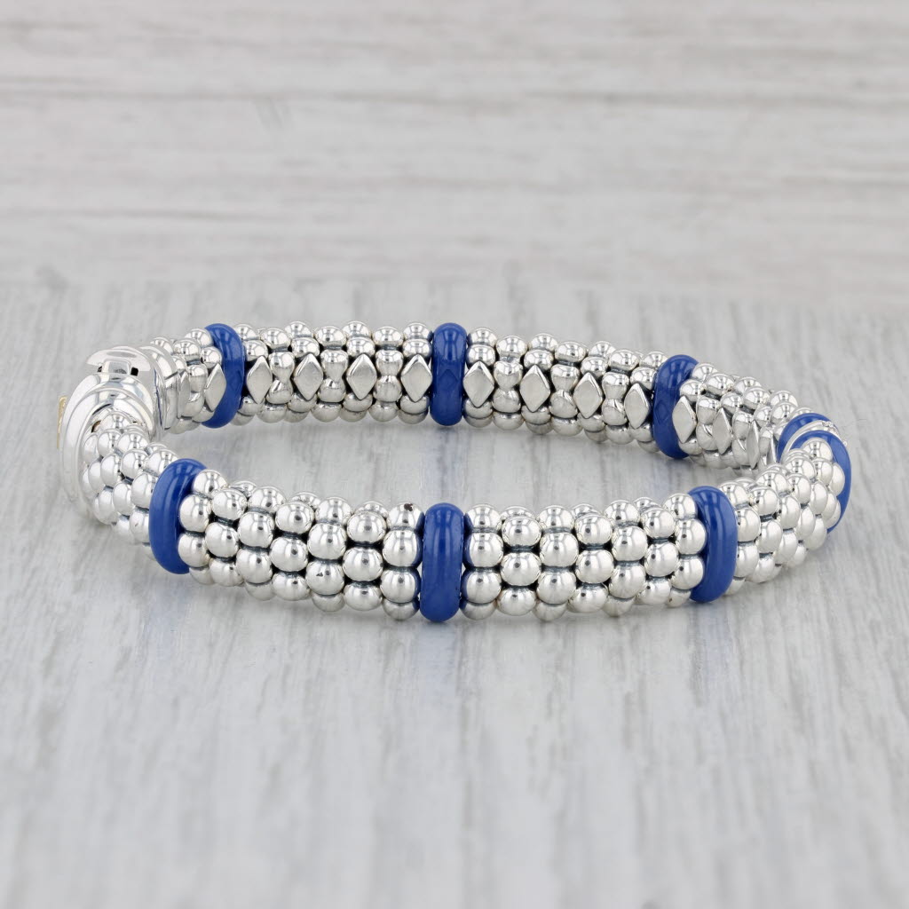Gray Lagos Bead Bracelet 0.10ctw Diamond Sterling Silver Blue Ceramic 6.75" w/ Bag