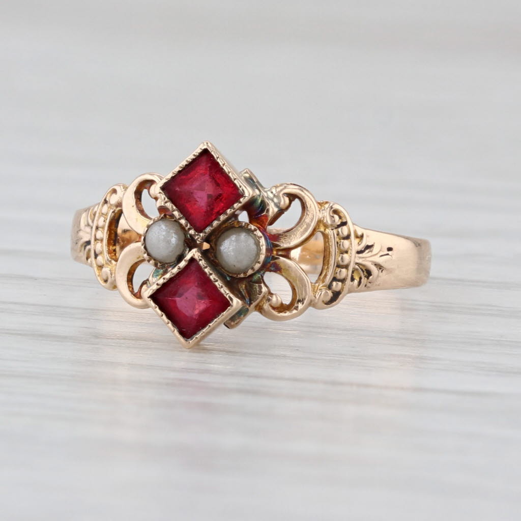 Victorian Antique Glass Imitation Pearl Ring 10k Yellow Gold Size 5.75