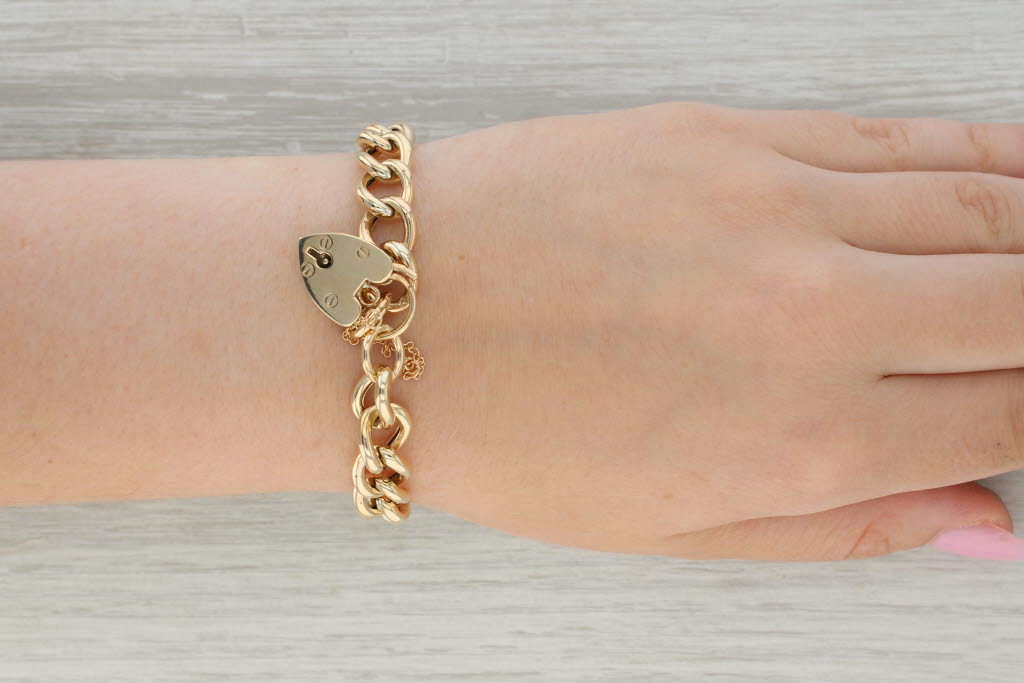 Tan Heart Padlock Charm Curb Chain Bracelet 9k Yellow Gold 7.5"