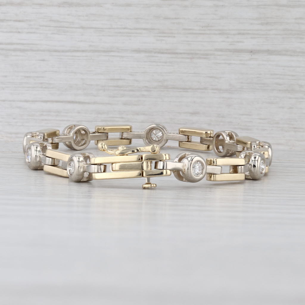 1ctw Diamond Bar & Circle Link Bracelet 14k Yellow White Gold 6.75" 5.7mm