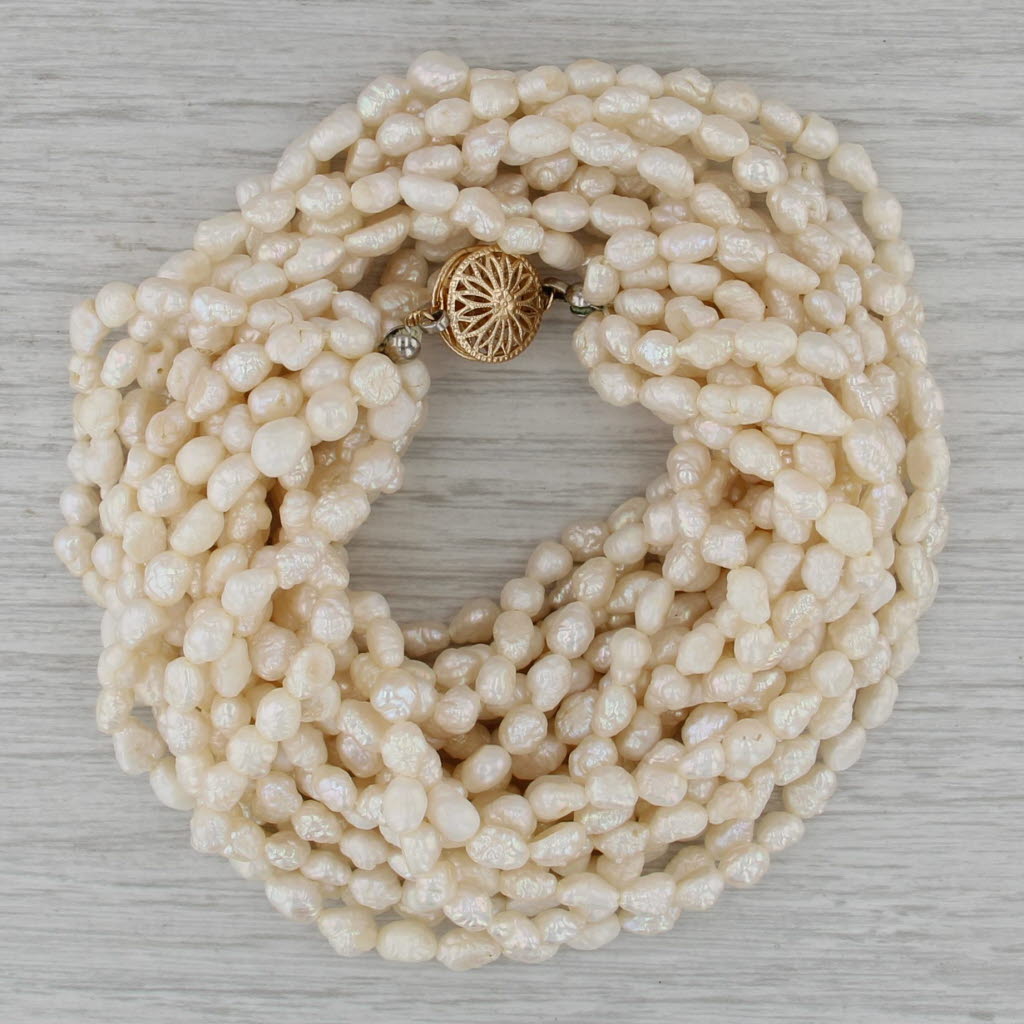 10-Strand Rice Krispie Pearl Twist Necklace 14k Yellow Gold Clasp 16"
