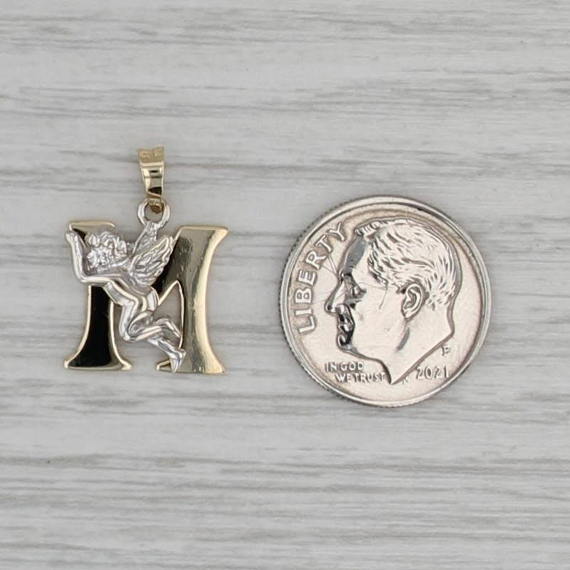 Initial Letter M Cherub Guardian Angel Pendant 14k White Yellow Gold