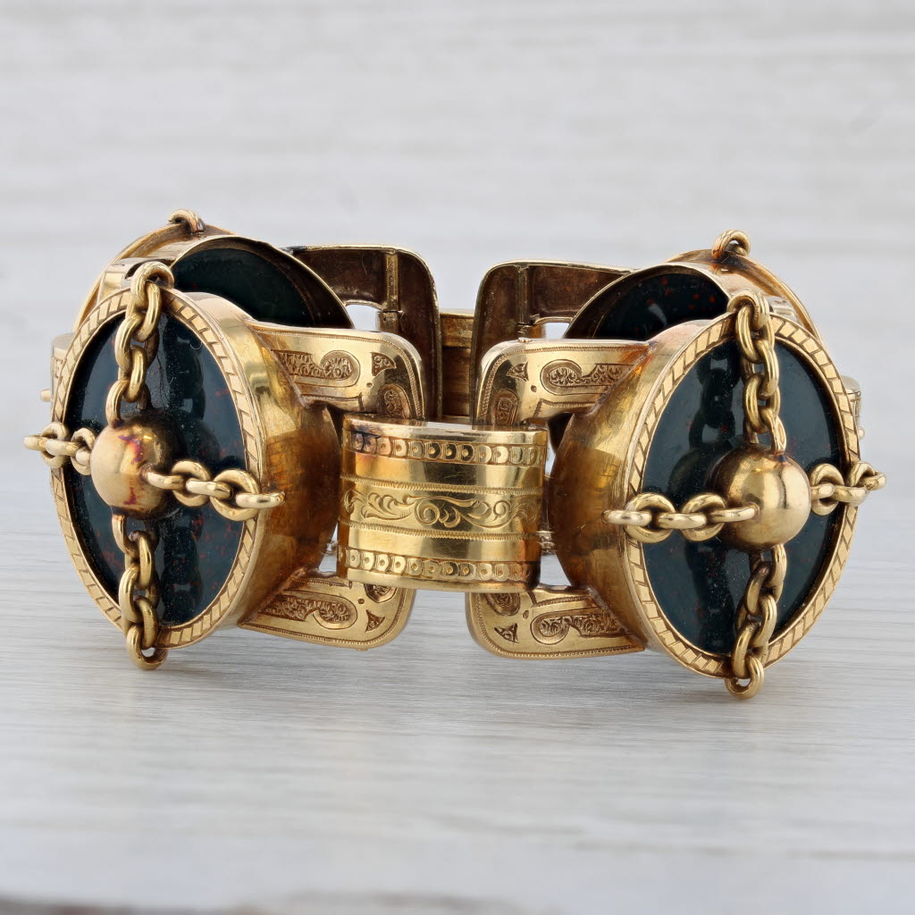 Gray Antique French Bloodstone Bracelet 18k Yellow Gold 6.75" 31.4mm Statement