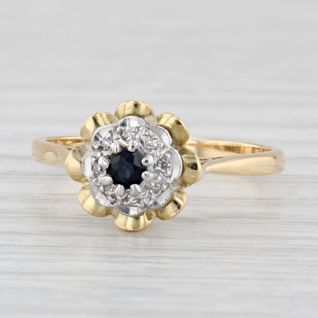 Light Gray 0.20ctw Blue Sapphire Diamond Halo Ring 18k Yellow Gold 7.25 Vintage Engagement