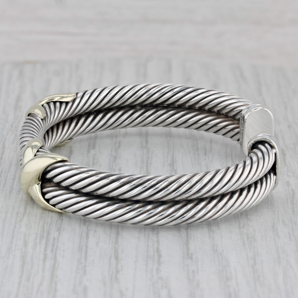 Gray David Yurman Double Cable Classic Cuff Bracelet Sterling Silver 14k Gold 6.5"