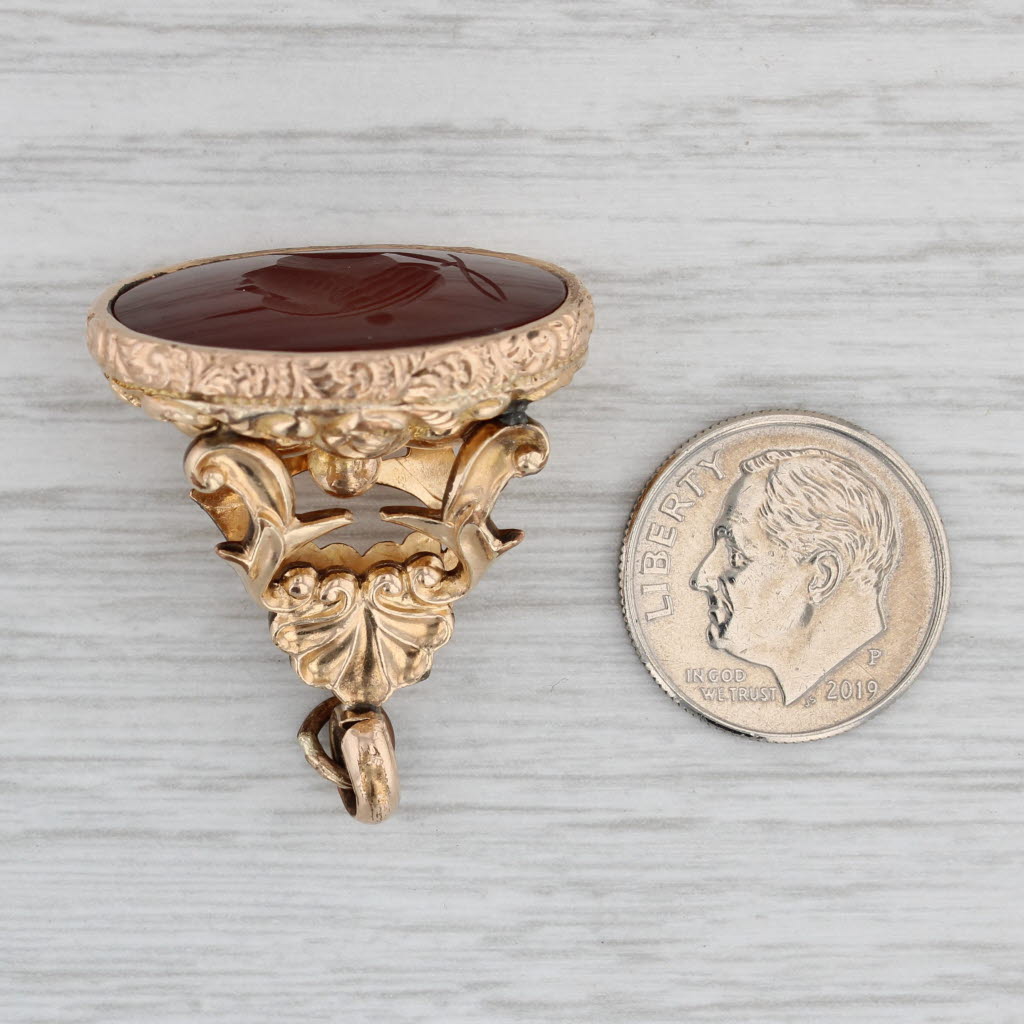 Gray Vintage Sardonyx Intaglio Wax Seal Fob Gold Filled Ornate Pendant