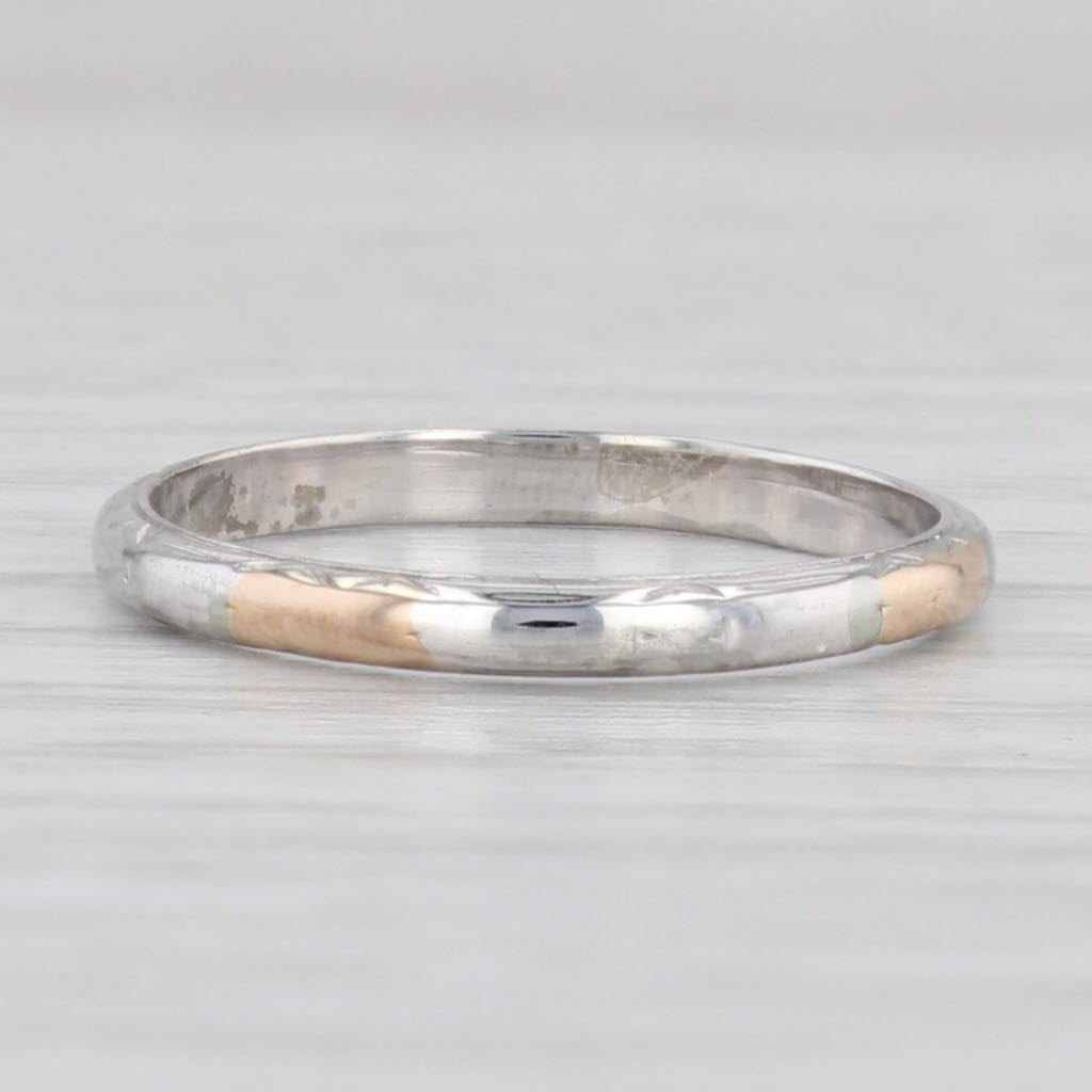 Light Gray Art Deco Etched 2-Toned Band 18k White Yellow Gold Wedding Stackable Ring